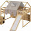 Lit mezzanine en bois pleine grandeur en forme de maison avec tente, naturel et beige-758101015-758101012