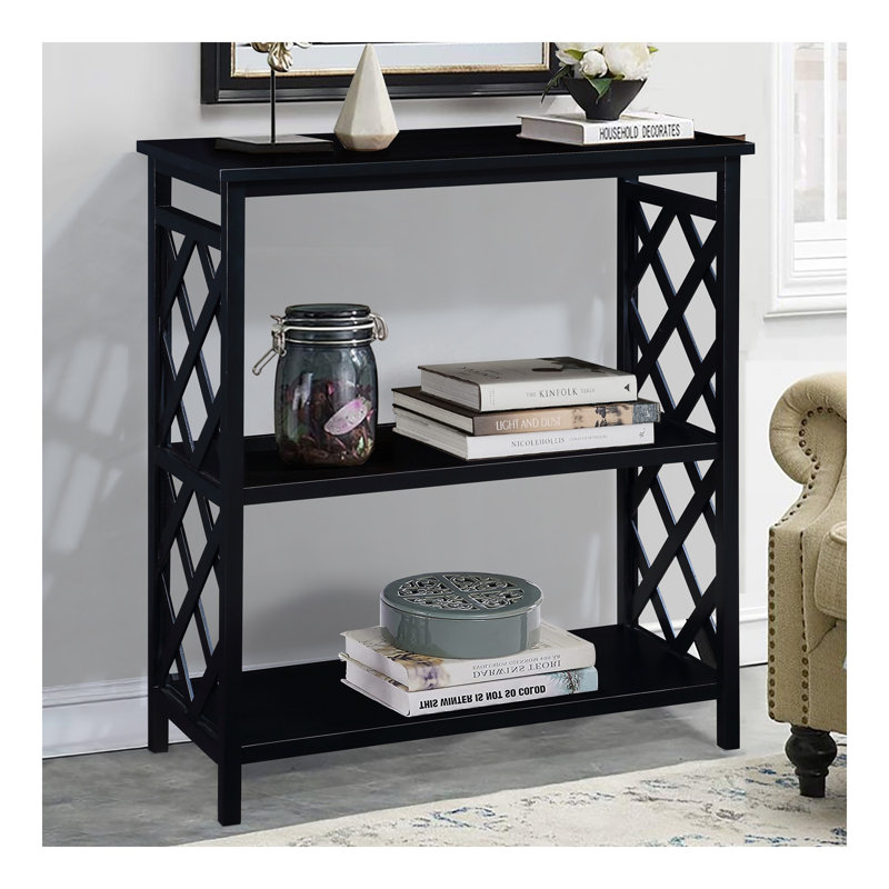 Console à 3 niveaux avec tablettes de rangement, bibliothèque ouverte avec pieds en bois massif pour le couloir, le salon et la chambre à coucher. Noir