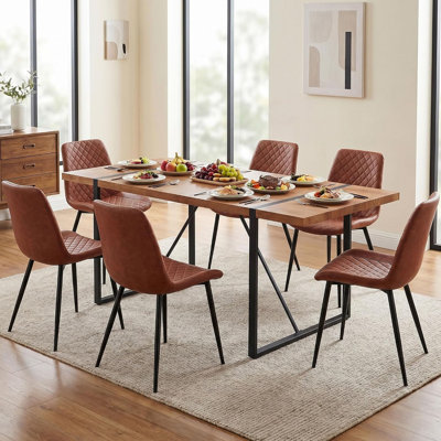Ensemble de 6 chaises de salle à manger en polyuréthane, chaises de salle à manger sans accoudoirs modernes, chaises de cuisine rembourrées confortables avec dossier, pieds en métal noir pour le salon, la salle à manger, brun