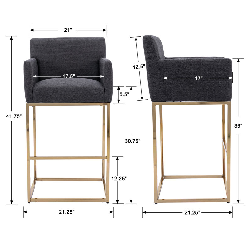 Datia Upholstered Counter Stool with Metal Frame, Charcoal Polyester / Gold Frame, Bar Stool (30.75” Seat Height)
