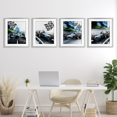 «Ready Set Racecars», ensemble de 4 reproductions encadrées sous verre, par Christine Simpson Art