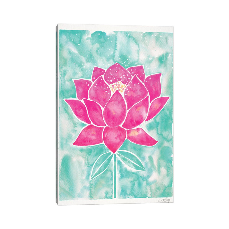 Strickler menthe et fond rose fleur de lotus, H 26 po x l 40 po x P 1,5 po, Toile avec cadre noir, Pas de tapis