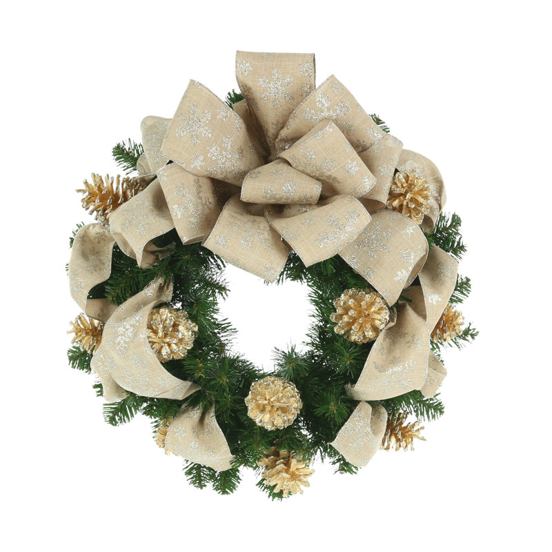 Evergreen Wreath with Gold Pines and Glitter Snowflake Bow