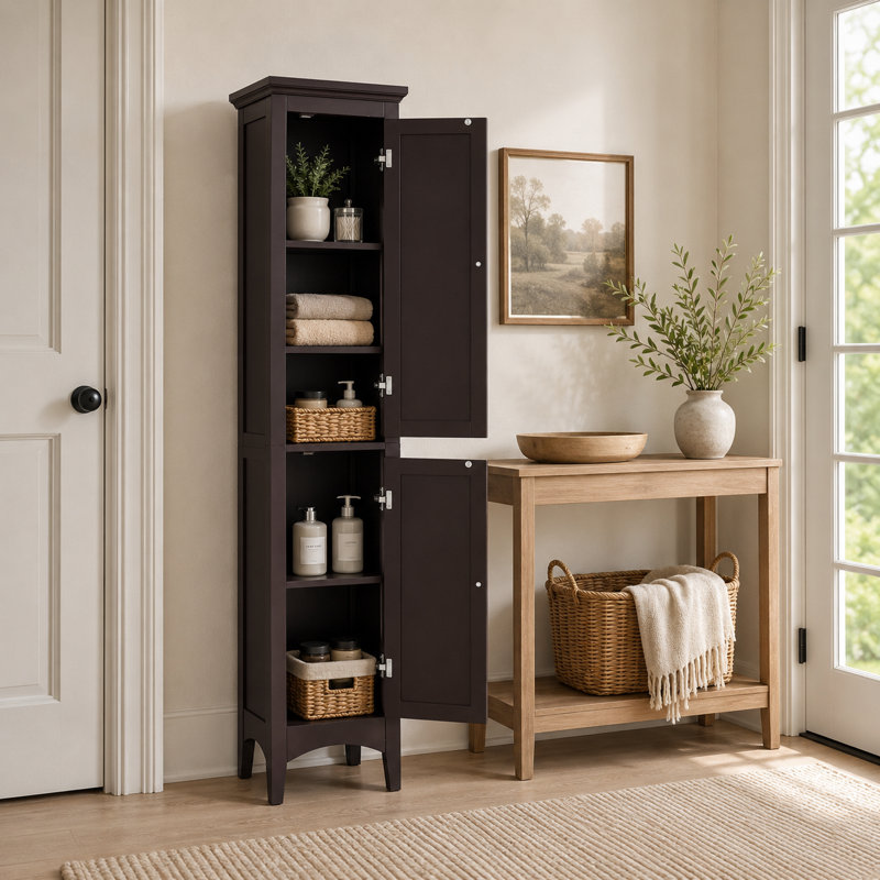 Armoire tour autoportante en lin Benicio avec fausses portes persiennes et tablette réglable, Brun foncé