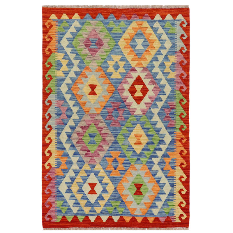 Tapis bleu / rouille / or / vert en laine noué à la main Stasia