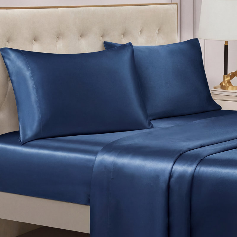 Juicy Couture Premium Silky Satin Sheet Sets, Full Sheet Set with 2 Pillowcases, Dark Blue