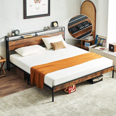 Bed Frame, Bed Frame with Charging Station, No Box Spring Needed, Noise-Free, with Reinforced Strong Support Legs and Headboard (Brown)
