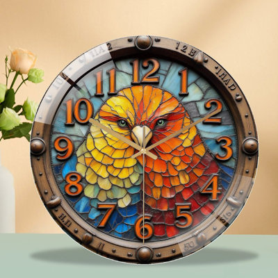 Colorful Stained Glass Parrot Wall Clock Decor Art - 12'' Modern Glass Wall Clock