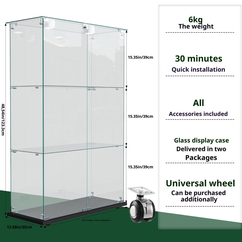 48.5" Glass Display Cabinet With 2 Shelves, Floor Standing Curio Display Cabinets With LED And 2 Doors, Modern Display Case For Living Room Bedroom
