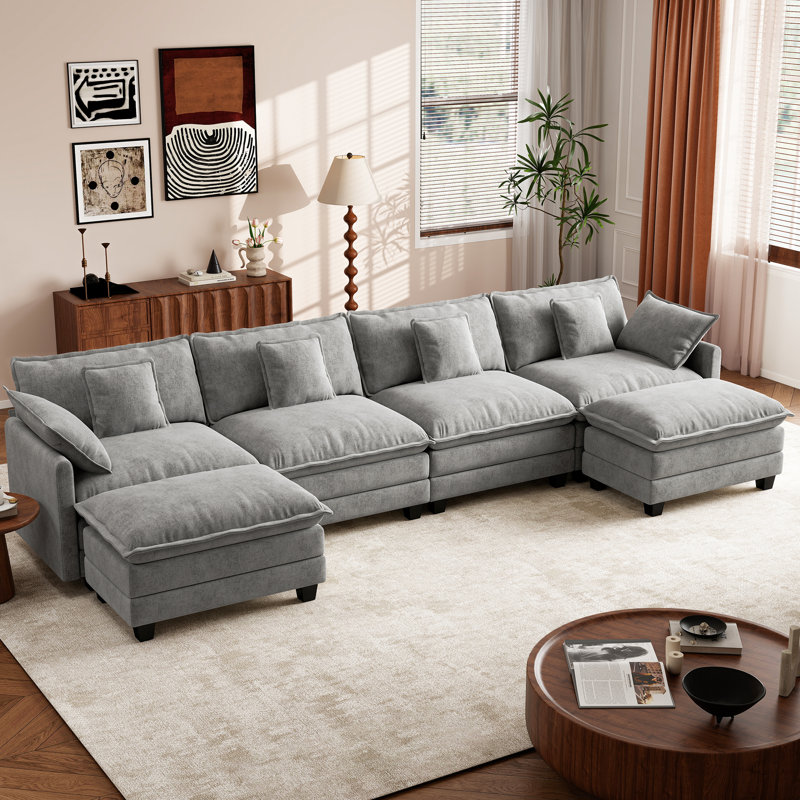George 146.5" Modern 6 Seat Chenille U Shaped Modular Sectional Sofa With Two Ottomans, Gray 