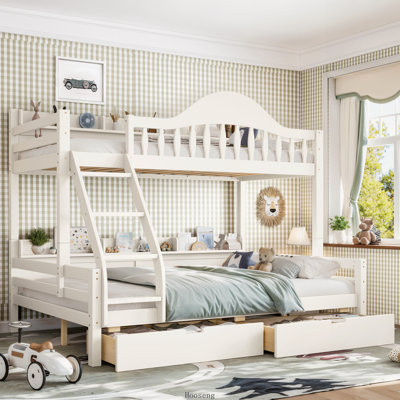 Lit superposé simple au dessus d'un lit double en bois massif avec tiroirs de rangement, garde-corps courbé et tablettes latérales, beige, mobilier de chambre d'enfant