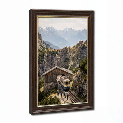 Cream and Blue Train on Mountain Tracks Canvas Wall Art