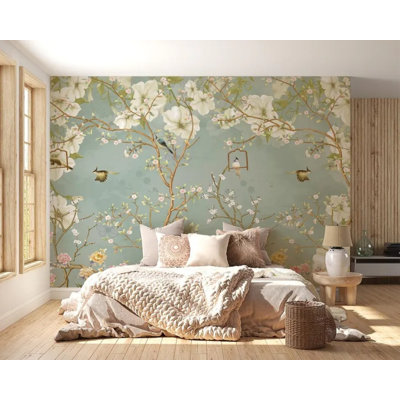 Elegant Sage Green Floral Tree Wallpaper Wall Mural