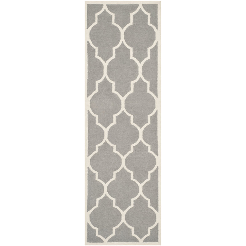 Rodgers Hand Woven Flat Weave Wool/Cotton Geometric Rug in Ivory/Gray, Runner 2'6" x 8'