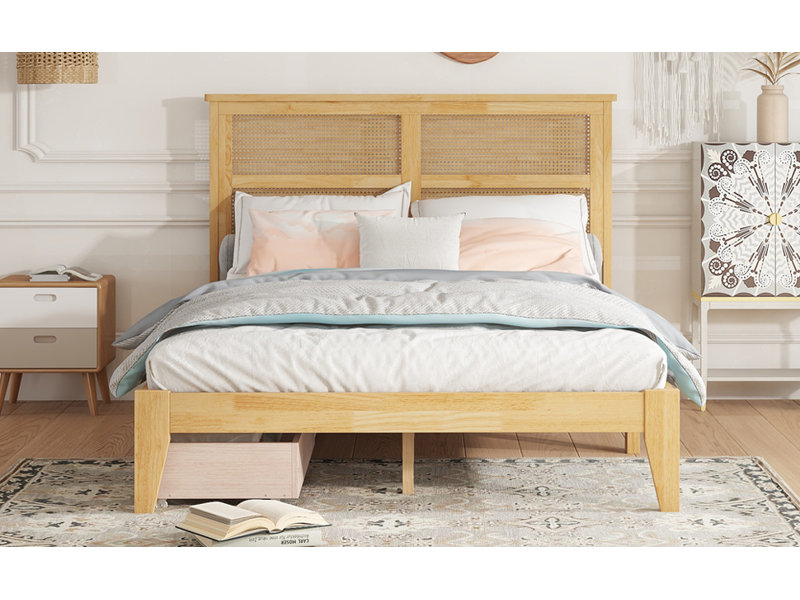 Full White Oak Rubber Wood Bed with Rattan Headboard and Storage Drawers