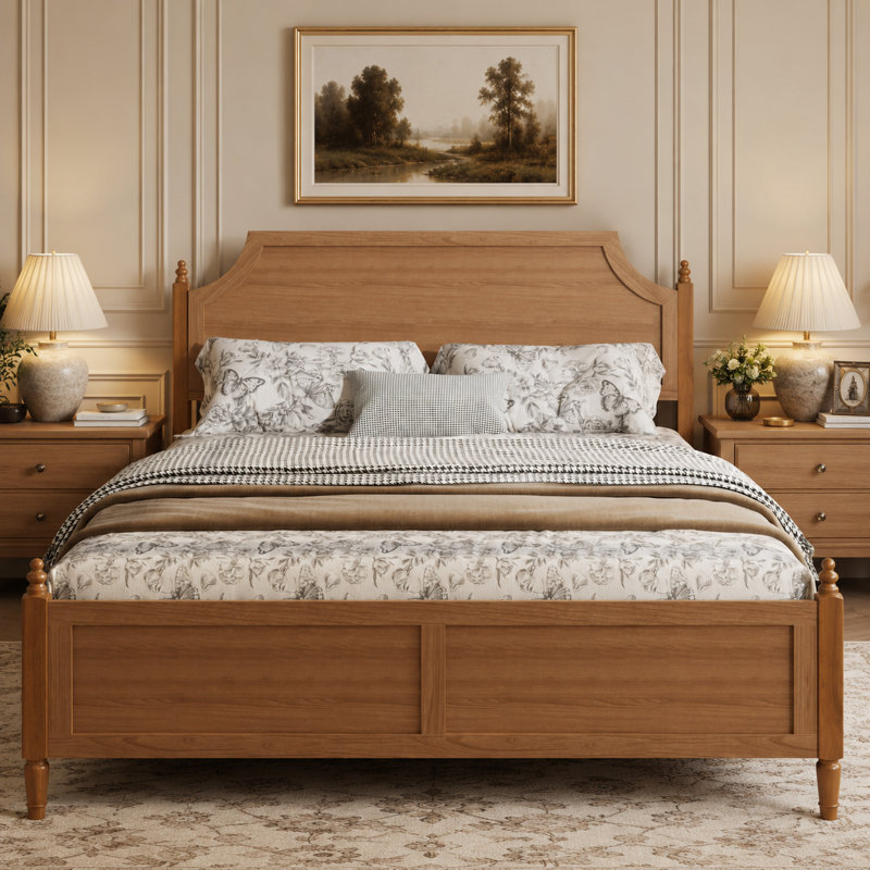 Grand lit plateforme avec tête de lit et pied de lit, cadre de lit sans sommier, lit de ferme moderne, grand lit, brun foncé