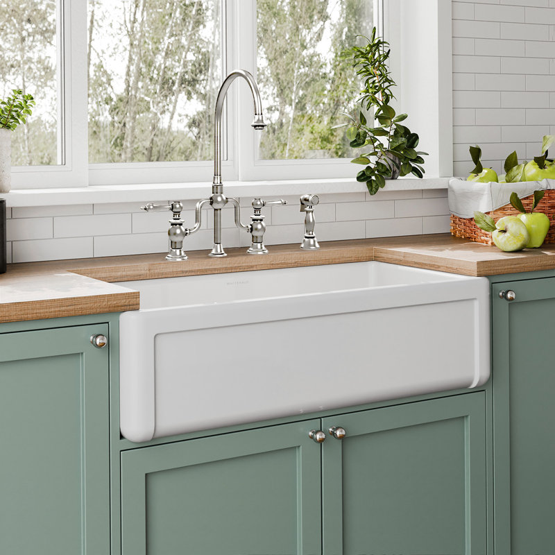 Whitehaus Collection Reversible Fireclay Kitchen Sink with Grid: Three Edge Frame, Plain Front Apron, 10" H x 36" L x 18" W