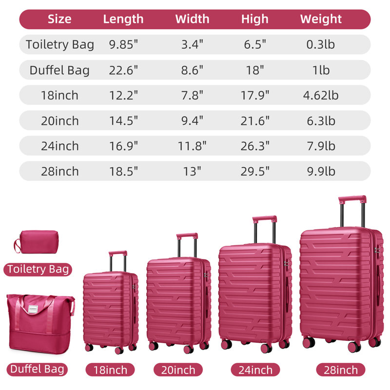 Ensemble de 6 valises avec sacs de voyage, valises rigides extensibles avec roulettes TSA Lock, rose rouge