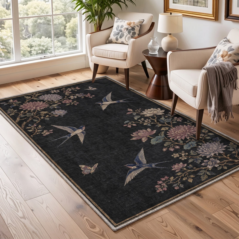 Tapis floral noir / rouge lavable à la machine avec envers antidérapant, Rectangulaire 8 pi x 10 pi
