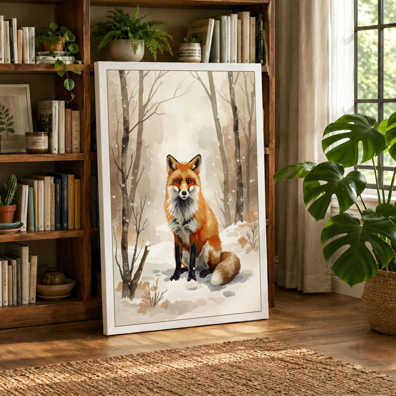 Fox in Winter Scandinavian - Wrapped Canvas, 18x12 - 45.7 x 30.5 cm, Taupe Border