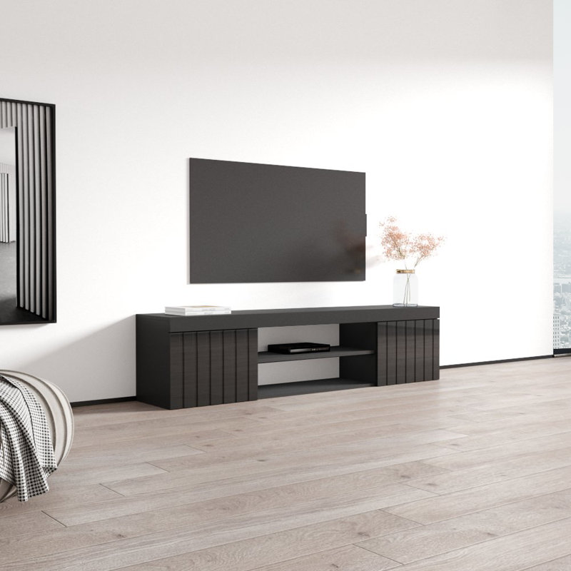 70.9" Modern TV Stand with High Gloss Finish, Black