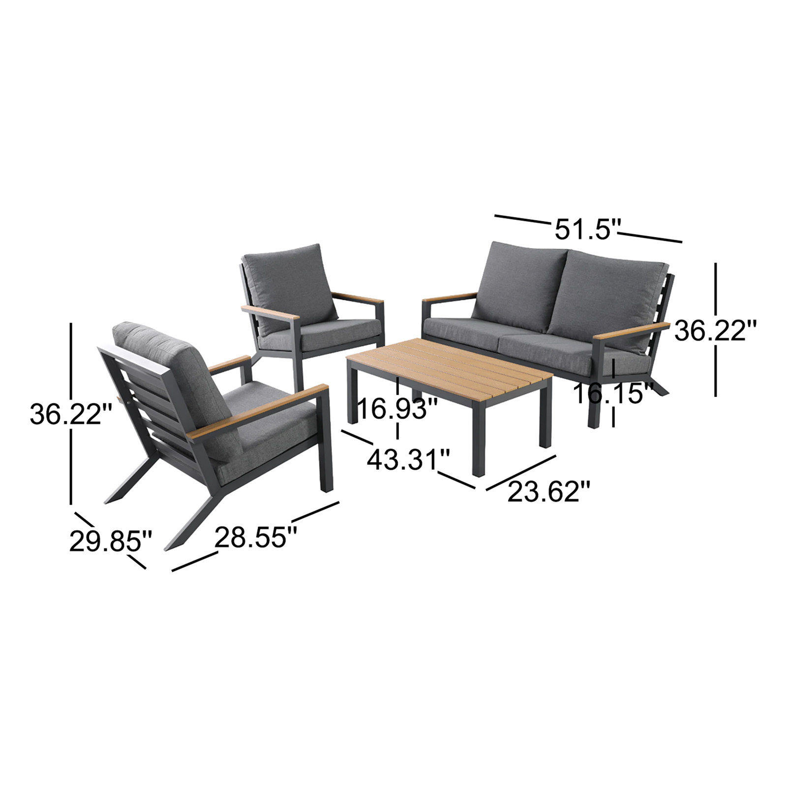 Landing 4-Person Patio Seating Group, Slate Black Frame/Charcoal Cushion