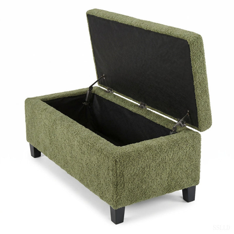 Repose-pieds de rangement avec couvercle rabattable, assemblage facile, pieds bouclés en tissu et bois d'hévéa, vert rétro