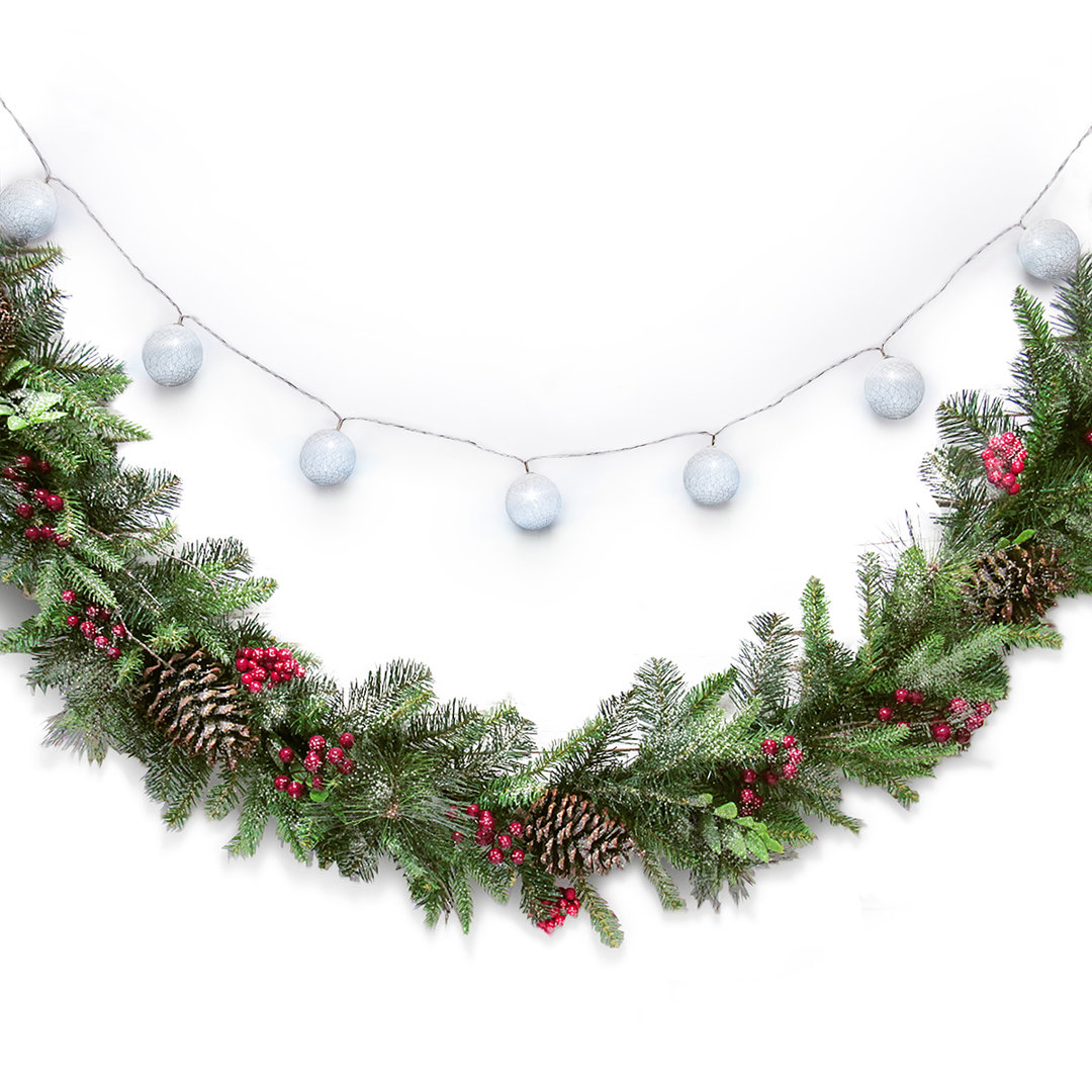 72" Artificial Mixed Frosted Berry Pine Cone Christmas Garland with Woven Globe String Light Set The Holiday Aisle®