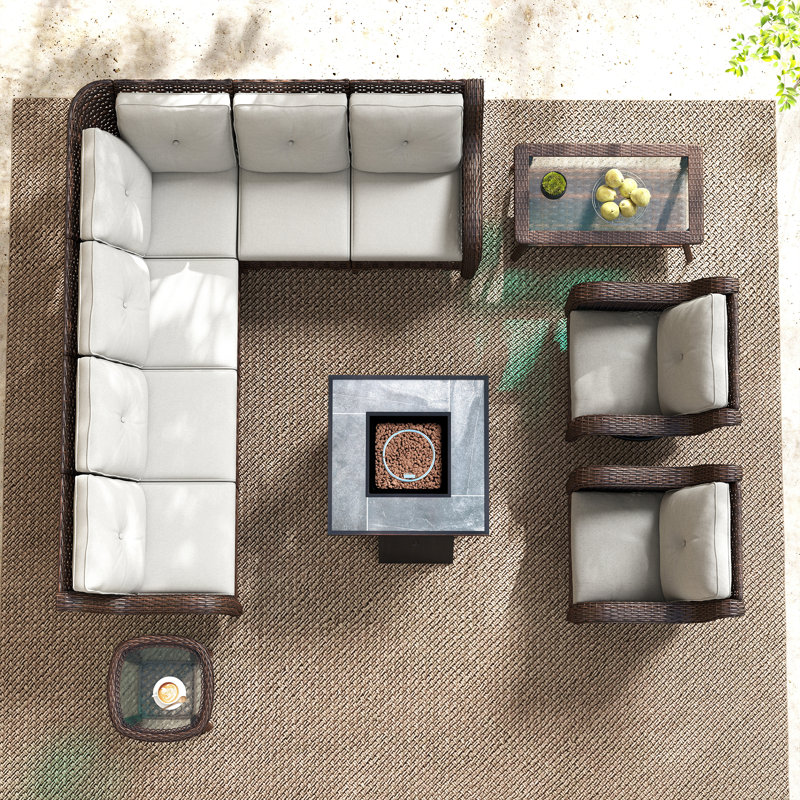 Ensemble de conversation modulaire en rotin pour 8 personnes avec 2 chaises pivotantes et table de feu
