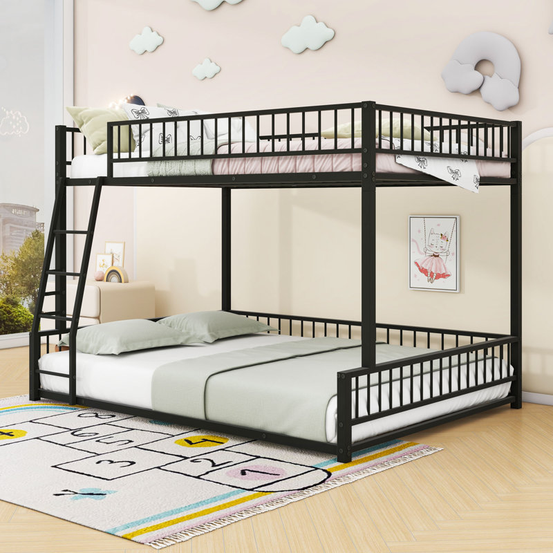 Heavy Duty Metal Bunk Bed Frame With Safety Guardrails And Ladder, Black, Full XL Over Queen