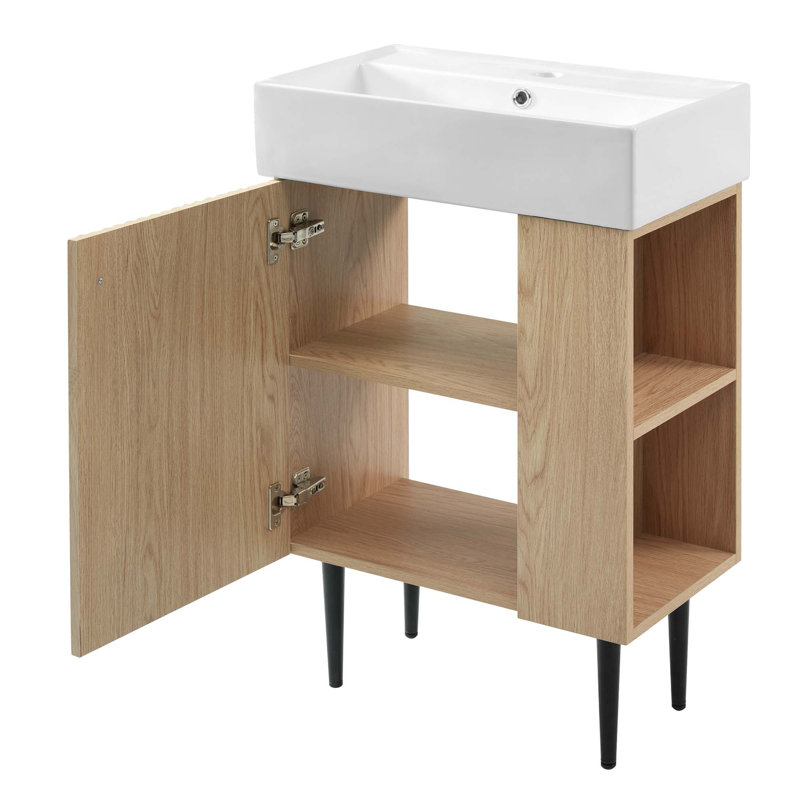 Meuble-lavabo 21,6 po, armoire combinée, meuble de rangement pour salle de bain, lavabo simple en céramique, rangement à droite
