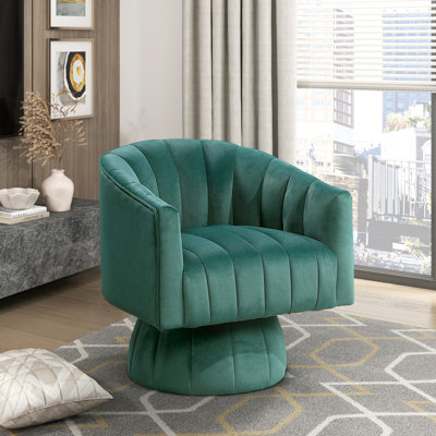 Fauteuil pivotant en velours foncé avec dossier capitonné, rotation à 360°, structure en contreplaqué et rembourrage en mousse haute densité.
