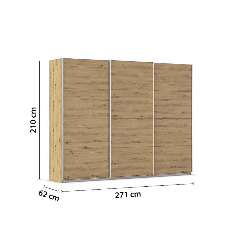 Caracas 3 Door Manufactured Wood Wardrobe, Classic, 210cm H x 271cm W x 62cm D, Artisan Oak