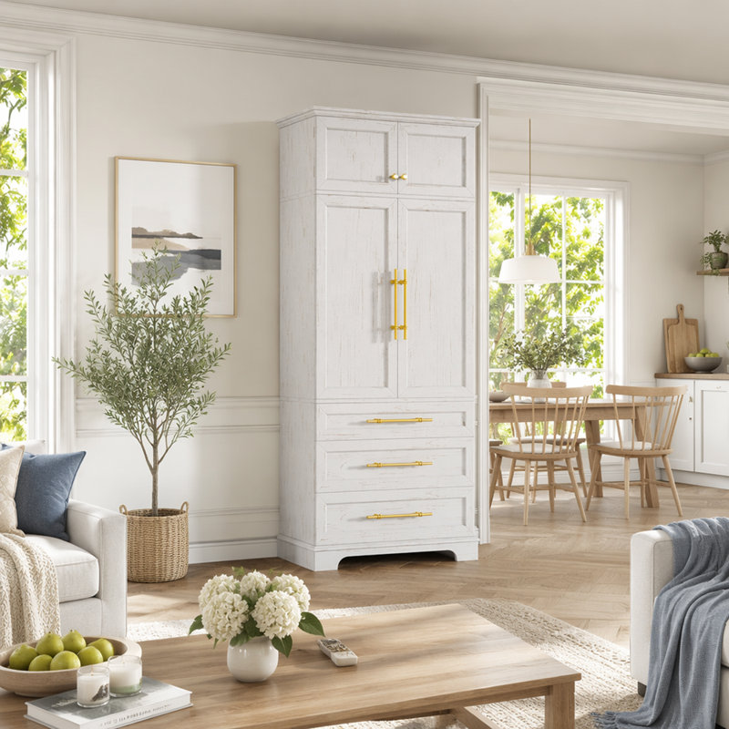 78.2" Tall Farmhouse Kitchen Pantry Cabinet With 8 Door Shelves, Storage Cabinet With 3 Adjustable Shelves, White