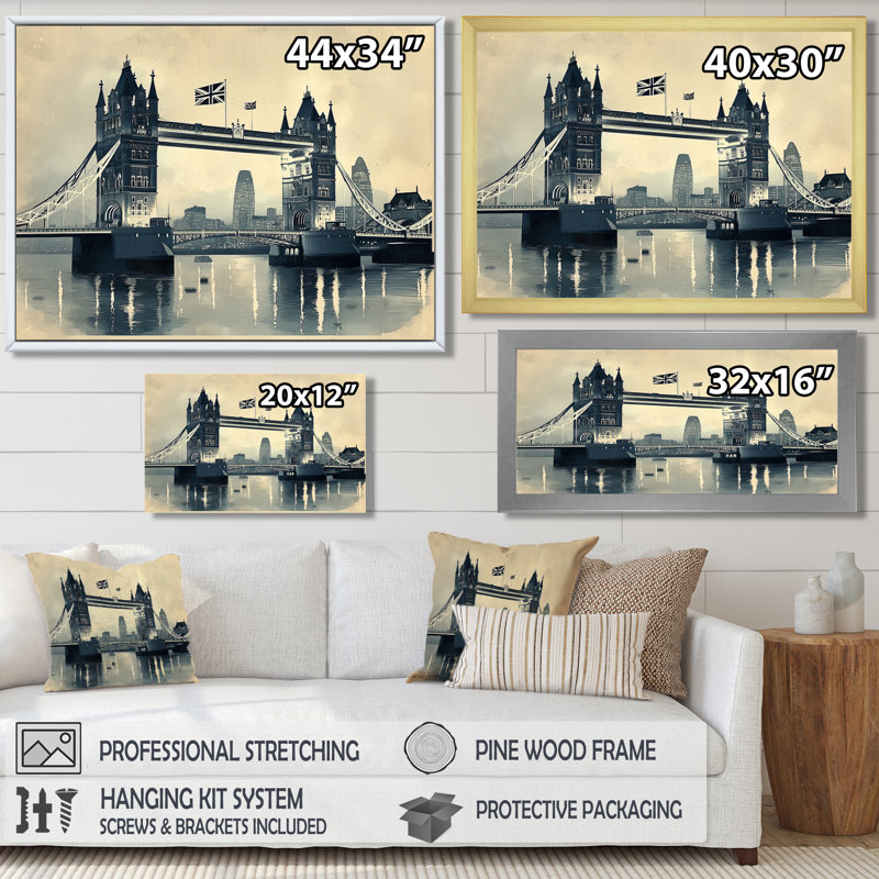 Art mural rétro, lumières de pont de la tour à Londres, Royaume-Uni II, H 24 po x l 32 po, Toile tendue, Ne s’applique pas