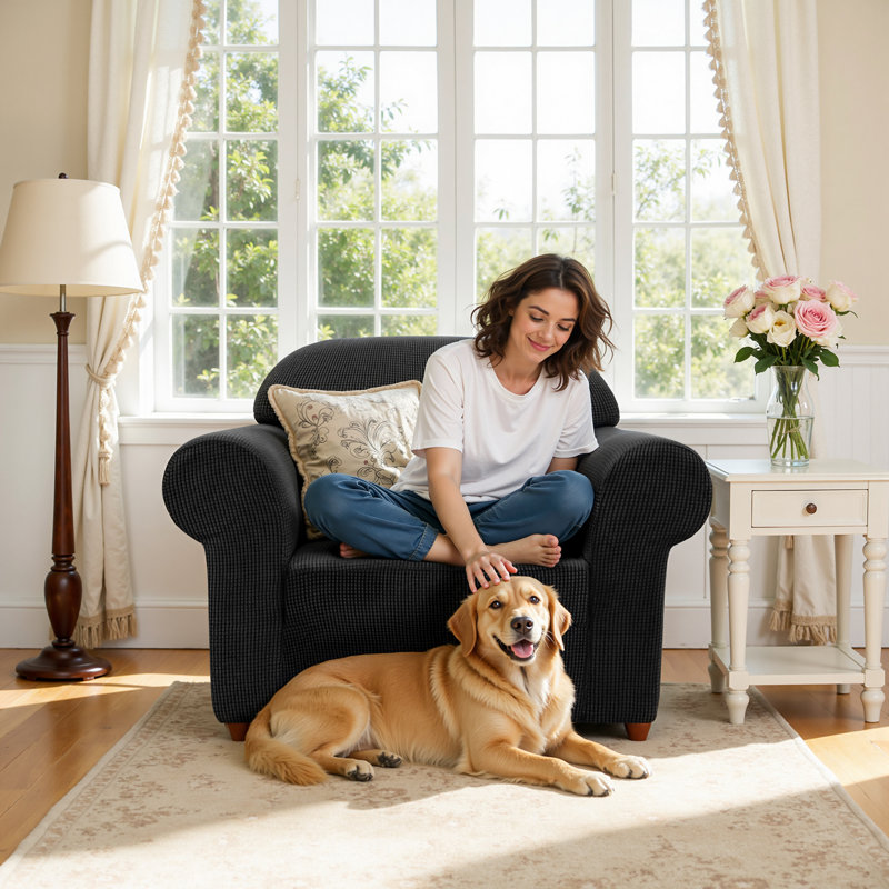 1-Piece Jacquard Stretch Couch Covers, Polyester Spandex Sofa Slipcovers, Universal Fit Living Room Machine Washable Furniture Protector for Dogs Pets, Non-Slip Sofa Covers for 1 Cushion Couch (Armchair, Black)
