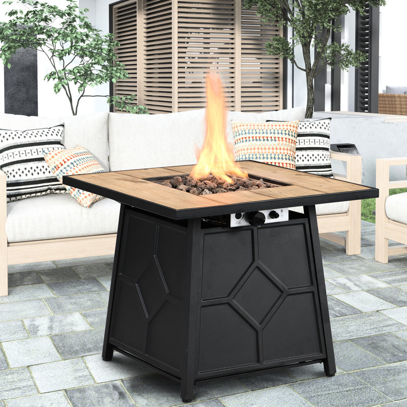 28 - Inch Square Propane Fire Pit Table 40,000 With Waterproof Cover, Brown, + Iron, Easy Assembly, Outdoor Decor Addition Auto Ignition Gas Table, Tile Desktop, Relaxing Spot
