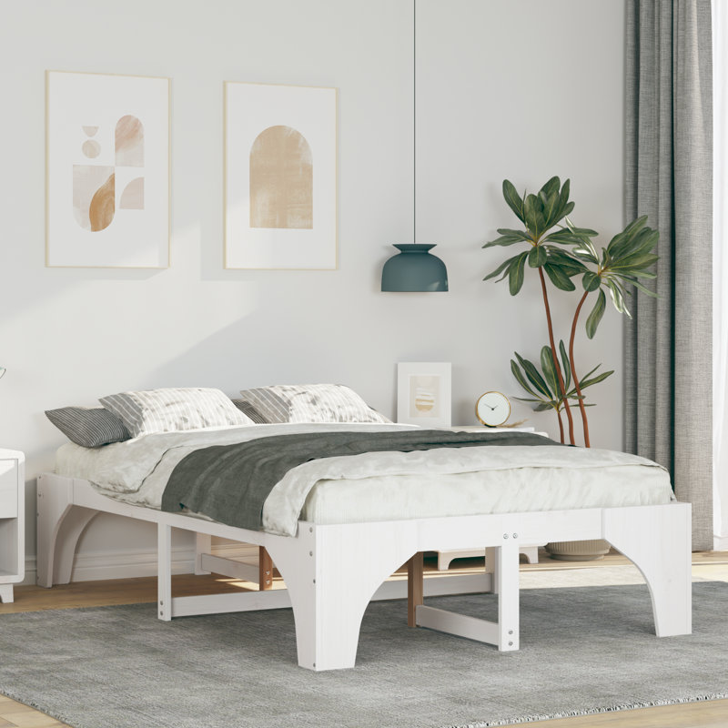 Floor Bed Frame Solid Pine Wood, Double (4'6), White