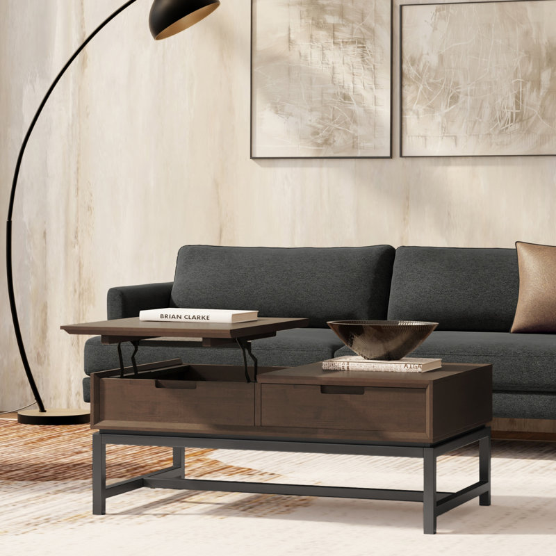 Banting 48"W Solid Wood and Metal Modern Industrial Lift Top Coffee Table with Pop-Up Storage and Open Shelf