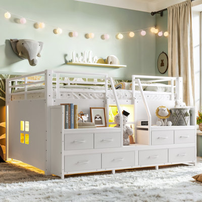 Full Low Loft Bed with Multi-Storage Spaces, Including Fabric Drawers, Fabric Shelves Beside the Bed, Storage Stairs, Metal Loft Bed with Lights and Ample Under-bed Spaces, White