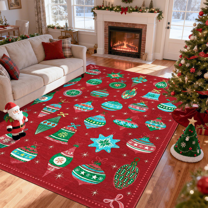 5x7ft Washable Christmas Ball Print Accent Rug w/ Non-Slip Backing,Stain-Resistant Low Pile Xmas Holiday Carpet