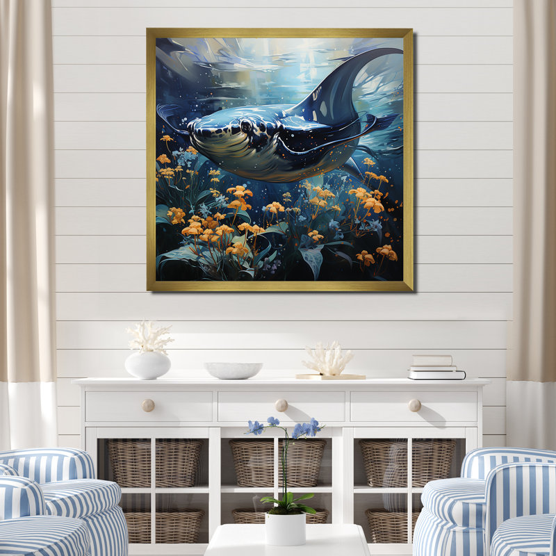 Manta Ray Dance 1 - art mural animaux côtiers, Cadre doré simple, H 16 po x l 16 po x P 1 po