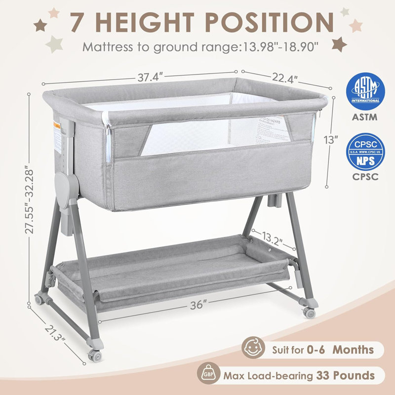 Berceau pour bébé et lit de chevet pour bébé, berceau réglable à 7 hauteurs avec roulettes, Gris clair