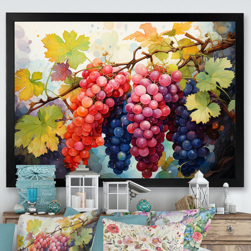 Rose, mauve, raisin, vignes, pointillisme - impression, H 34 po x l 44 po x P 1,5 po, Cadre simple noir