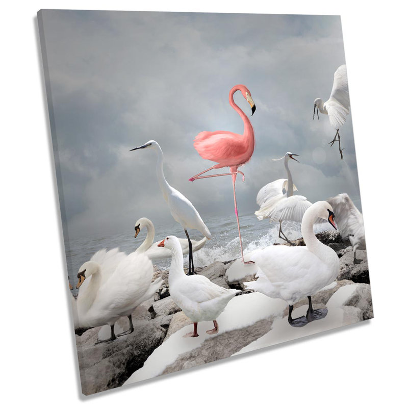 Z6124 Pink Flamingo Swan Birds Picture - Wrapped Canvas Print, 40.6cm H x 40.6cm W x 2cm D