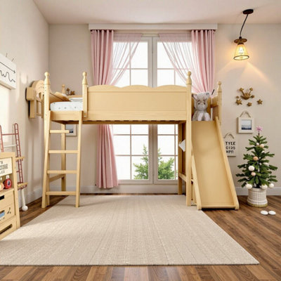 Lit mezzanine en bois massif avec tablettes de rangement, garde-robe et glissade amovible pour enfants, taille simple / double / grand