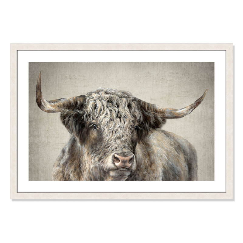 Grand Kyloe Bull - reproduction de cadre photo, H 26 po x l 36 po x P 1,125 po, Cadre à grain de bois blanc