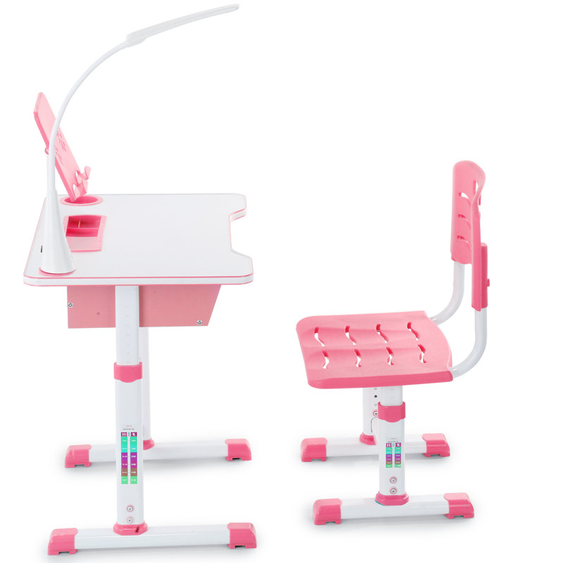 Ensemble de bureau et de chaise pour enfants, bureau d'étude pour enfants ergonomique à hauteur réglable avec bureau incliné, bibliothèque, éclairage à DEL et tiroir de rangement