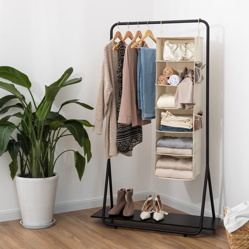 6-Shelf Hanging Closet Organizer, Fabric Hanging Shelves with Side Pockets for Clothing, Bags, Caps, Beige, Beige