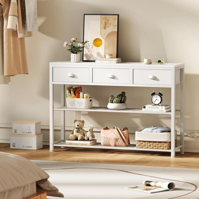 Console avec 3 tiroirs en tissu, table d'entrée industrielle avec tablettes de rangement, étagère de présentation pour le salon, le couloir, l'entrée,